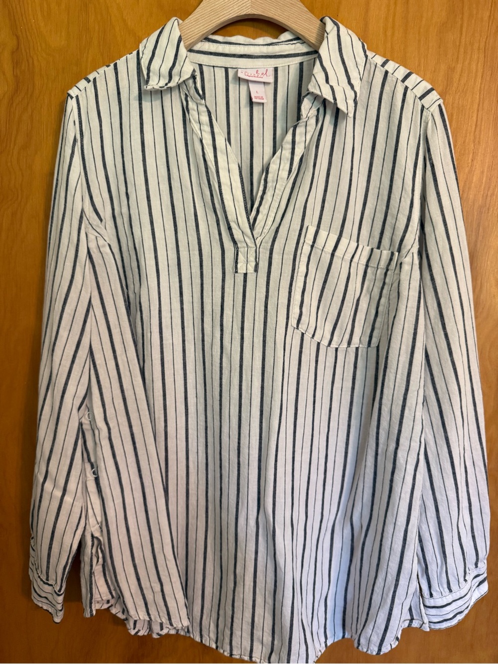 Isabel Maternity Striped Long Sleeve Popover Shirt Navy White Linen Size L
